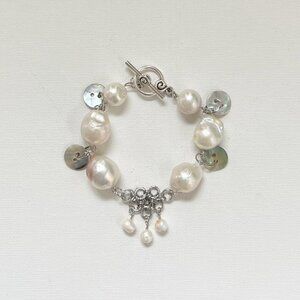 Stainless Steel Bracelet with Mother of Pearl and Baroque Freshwater Pearls